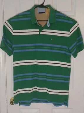 Tommy Hilfiger Rugby Polo Mens Size XXL Chunky Striped Blue Green Flaws in pics